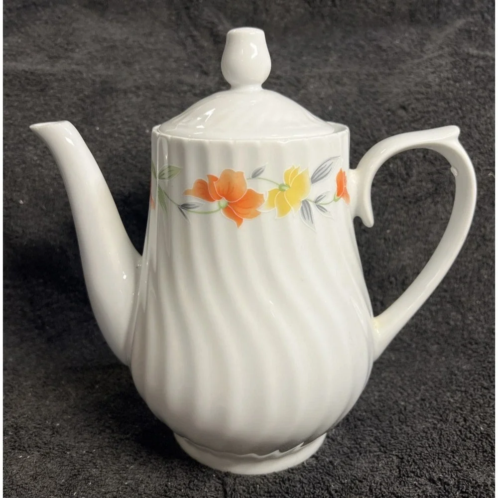 Yolanda by Lynn's China Discontinued  Tall Tea Pot Floral Yellow Orange